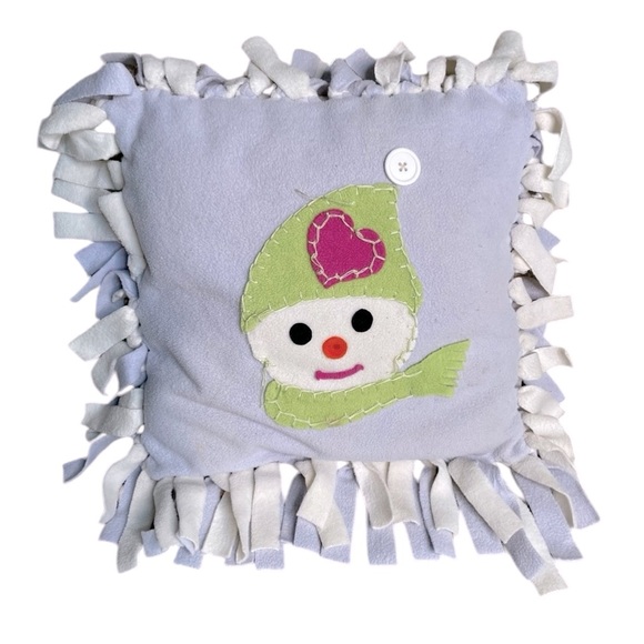 Hand Crafted Holiday Accent Pillows Fringed Fleece Covered with Snowman Patch - Picture 3 of 5